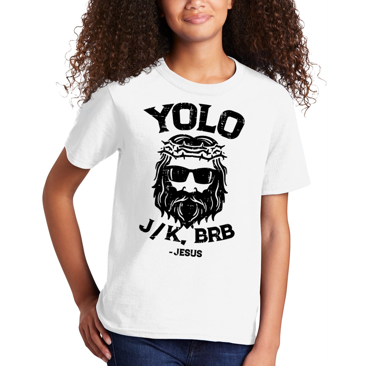Yolo Just Kissing Be Right Back Jesus Funny Kids T-Shirt