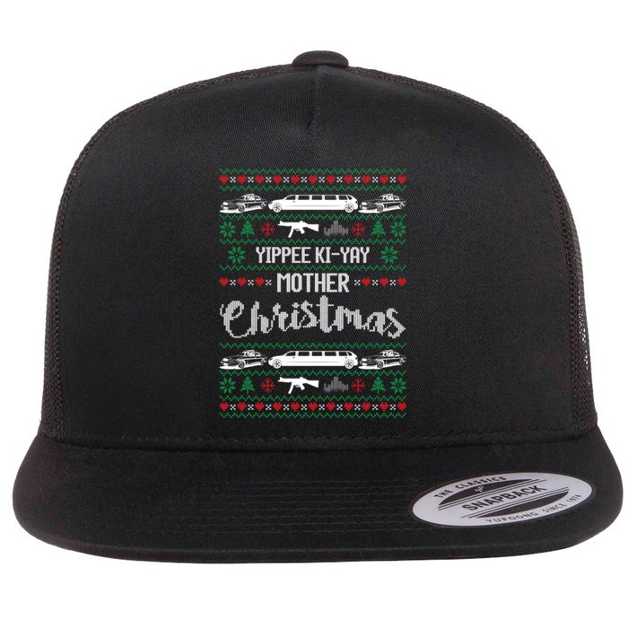 Yipee Ki-yay Funny Christmas Mother Ugly Christmas Sweaters Flat Bill Trucker Hat