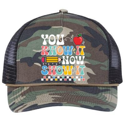 You Know It Now Show It Testing Day Teacher Life Retro Rope Trucker Hat Cap