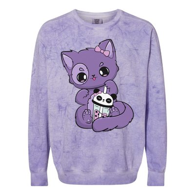 Yami Kawaii Pastel Goth Cute Black Cat With Boba Milk  Colorblast Crewneck Sweatshirt