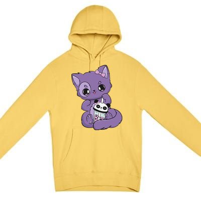 Yami Kawaii Pastel Goth Cute Black Cat With Boba Milk  Premium Pullover Hoodie