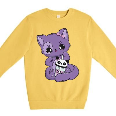 Yami Kawaii Pastel Goth Cute Black Cat With Boba Milk  Premium Crewneck Sweatshirt