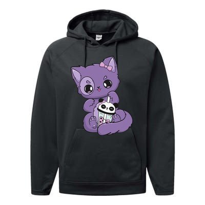 Yami Kawaii Pastel Goth Cute Black Cat With Boba Milk  Performance Fleece Hoodie