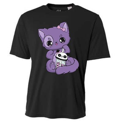 Yami Kawaii Pastel Goth Cute Black Cat With Boba Milk  Cooling Performance Crew T-Shirt