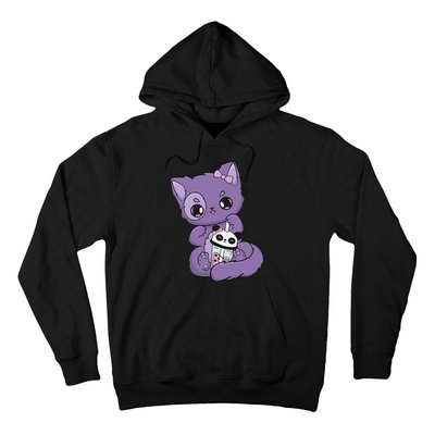 Yami Kawaii Pastel Goth Cute Black Cat With Boba Milk  Hoodie