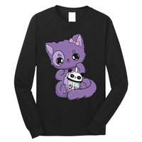 Yami Kawaii Pastel Goth Cute Black Cat With Boba Milk  Long Sleeve Shirt