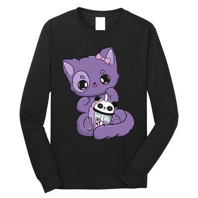 Yami Kawaii Pastel Goth Cute Black Cat With Boba Milk  Long Sleeve Shirt