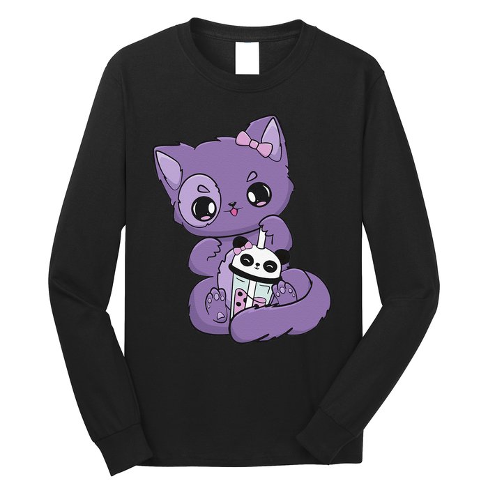 Yami Kawaii Pastel Goth Cute Black Cat With Boba Milk  Long Sleeve Shirt