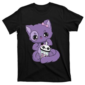 Yami Kawaii Pastel Goth Cute Black Cat With Boba Milk  T-Shirt