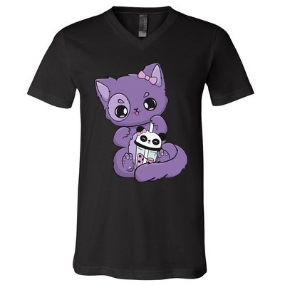 Yami Kawaii Pastel Goth Cute Black Cat With Boba Milk  V-Neck T-Shirt