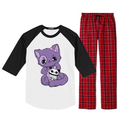 Yami Kawaii Pastel Goth Cute Black Cat With Boba Milk  Raglan Sleeve Pajama Set