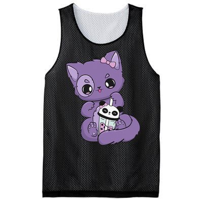 Yami Kawaii Pastel Goth Cute Black Cat With Boba Milk  Mesh Reversible Basketball Jersey Tank