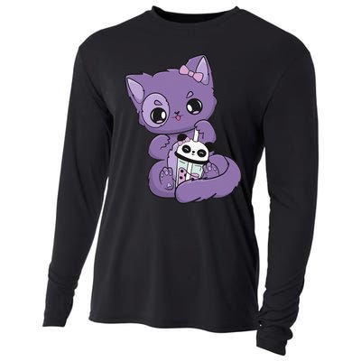 Yami Kawaii Pastel Goth Cute Black Cat With Boba Milk  Cooling Performance Long Sleeve Crew