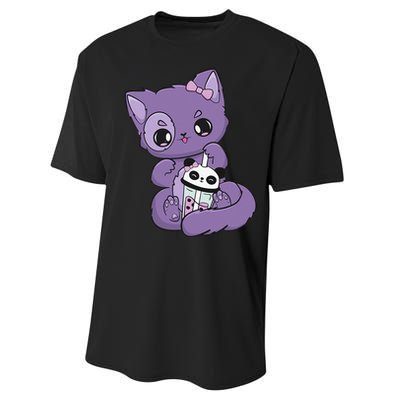 Yami Kawaii Pastel Goth Cute Black Cat With Boba Milk  Performance Sprint T-Shirt