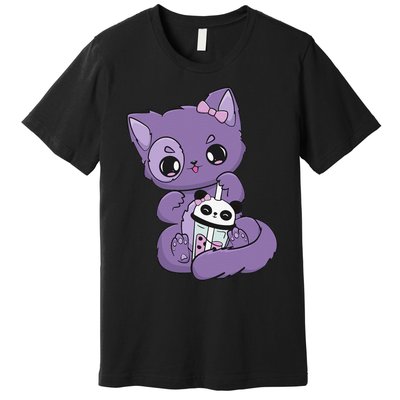 Yami Kawaii Pastel Goth Cute Black Cat With Boba Milk  Premium T-Shirt