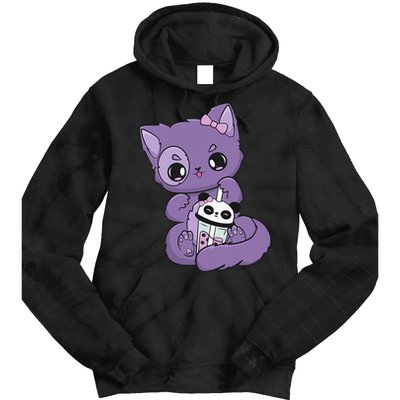 Yami Kawaii Pastel Goth Cute Black Cat With Boba Milk  Tie Dye Hoodie