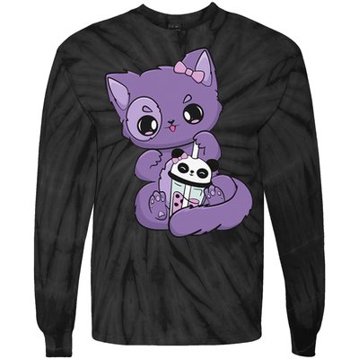 Yami Kawaii Pastel Goth Cute Black Cat With Boba Milk  Tie-Dye Long Sleeve Shirt