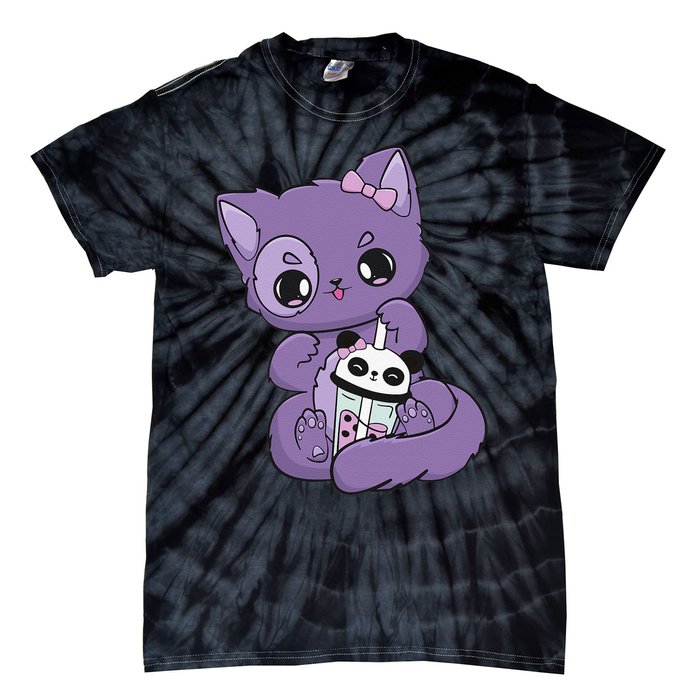 Yami Kawaii Pastel Goth Cute Black Cat With Boba Milk  Tie-Dye T-Shirt