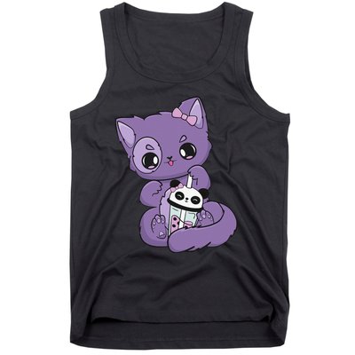 Yami Kawaii Pastel Goth Cute Black Cat With Boba Milk  Tank Top