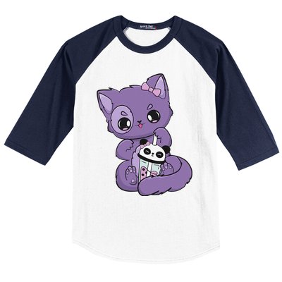 Yami Kawaii Pastel Goth Cute Black Cat With Boba Milk  Baseball Sleeve Shirt