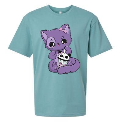 Yami Kawaii Pastel Goth Cute Black Cat With Boba Milk  Sueded Cloud Jersey T-Shirt