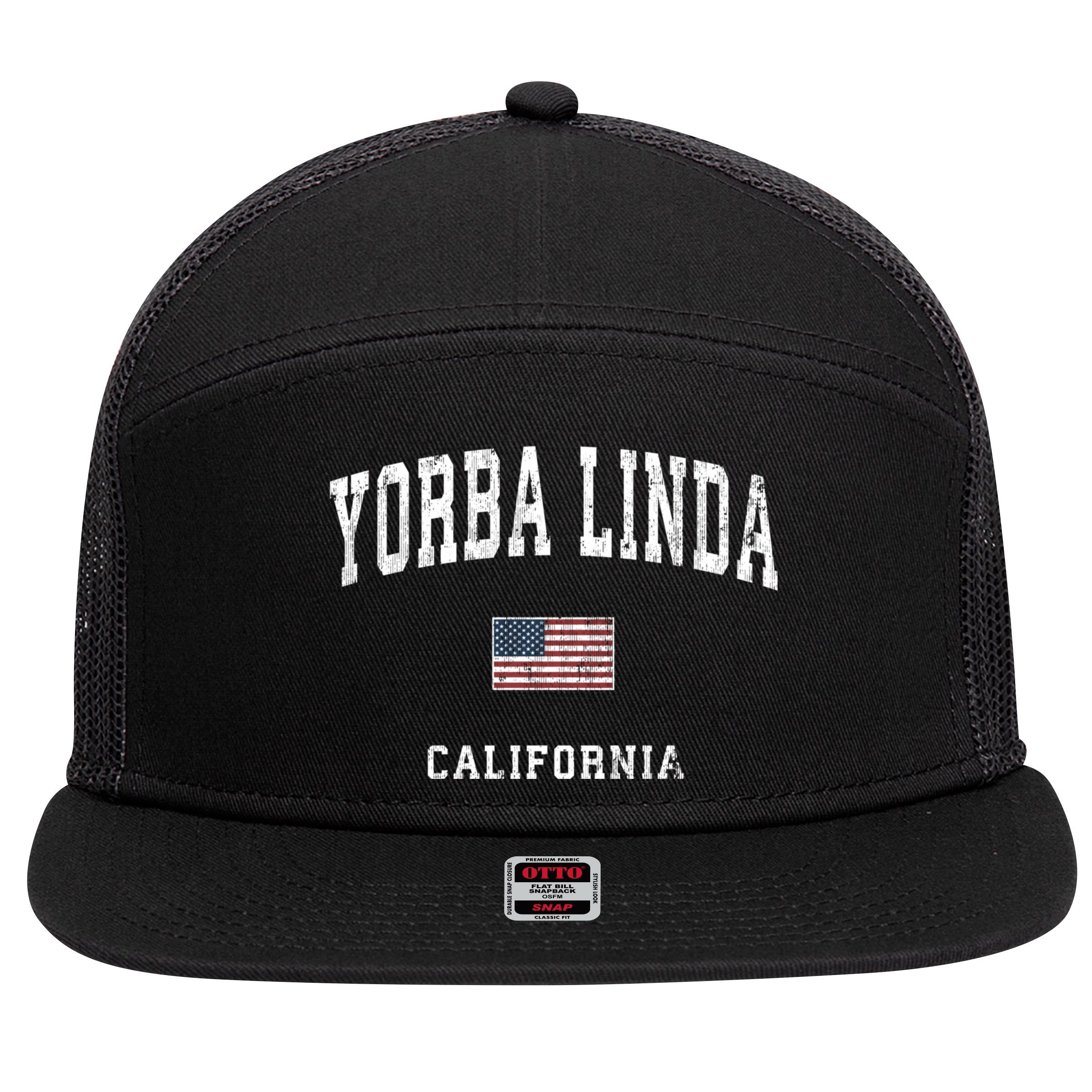 Yorba Linda California Ca Vintage American Flag Sports 7 Panel Mesh Trucker Snapback Hat