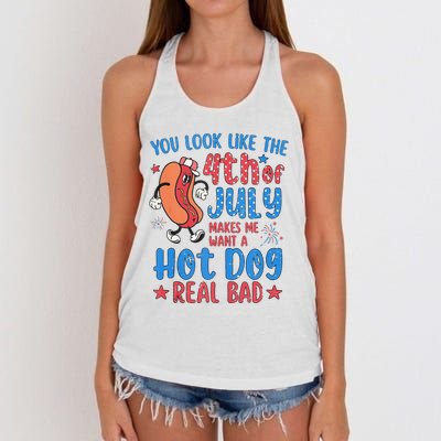 You Look Like 4th Of July Makes Me Want A Hot Dog Real Bad Women's Knotted Racerback Tank