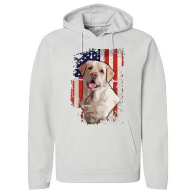 Yellow Labrador Labs Patriotic American Flag Dog 4th Of July Performance Fleece Hoodie