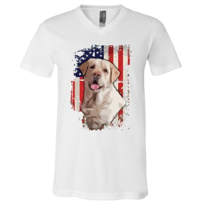 Yellow Labrador Labs Patriotic American Flag Dog 4th Of July V-Neck T-Shirt