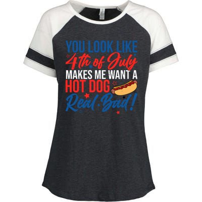 You Look Like 4th Of July Makes Me Want A Hot Dog Real Bad Enza Ladies Jersey Colorblock Tee