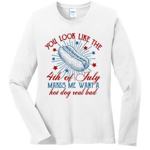 You Look Like The 4th Of July Hot Dog American Ladies Long Sleeve Shirt