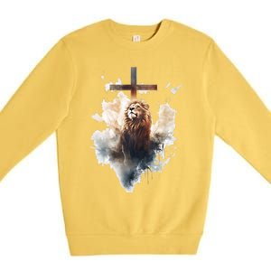 Yeshua Lion Of Judah Christian Faith Gift Christian Cross Design Premium Crewneck Sweatshirt