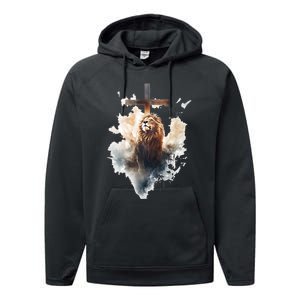 Yeshua Lion Of Judah Christian Faith Gift Christian Cross Design Performance Fleece Hoodie