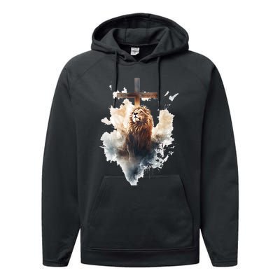 Yeshua Lion Of Judah Christian Faith Gift Christian Cross Design Performance Fleece Hoodie