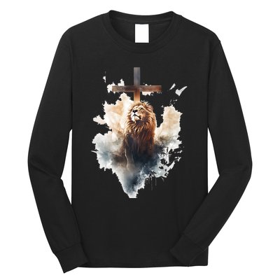 Yeshua Lion Of Judah Christian Faith Gift Christian Cross Design Long Sleeve Shirt