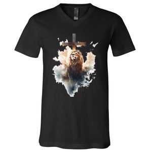 Yeshua Lion Of Judah Christian Faith Gift Christian Cross Design V-Neck T-Shirt