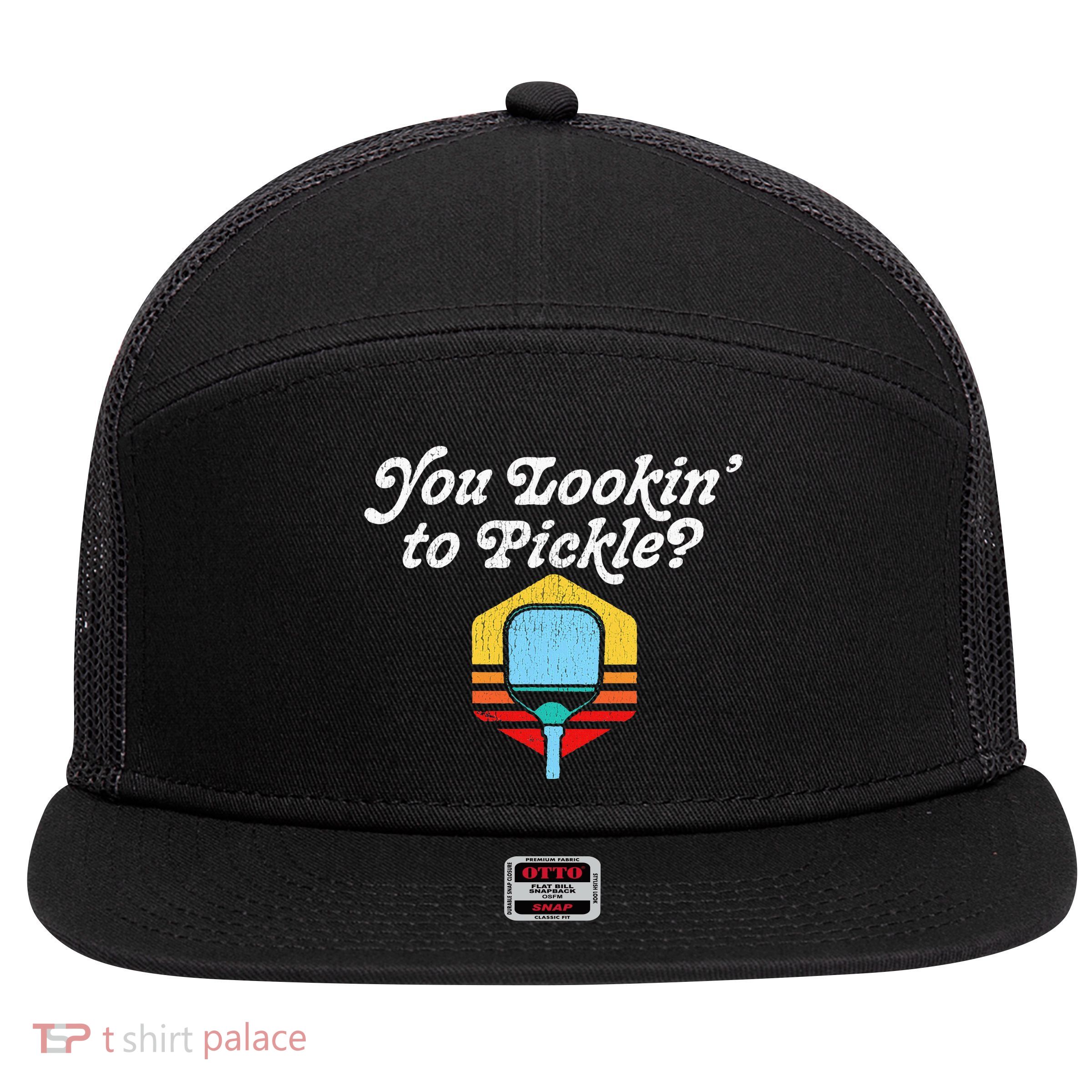 You Lookin To Pickle Pickleball Retro 80s 7 Panel Mesh Trucker Snapback Hat