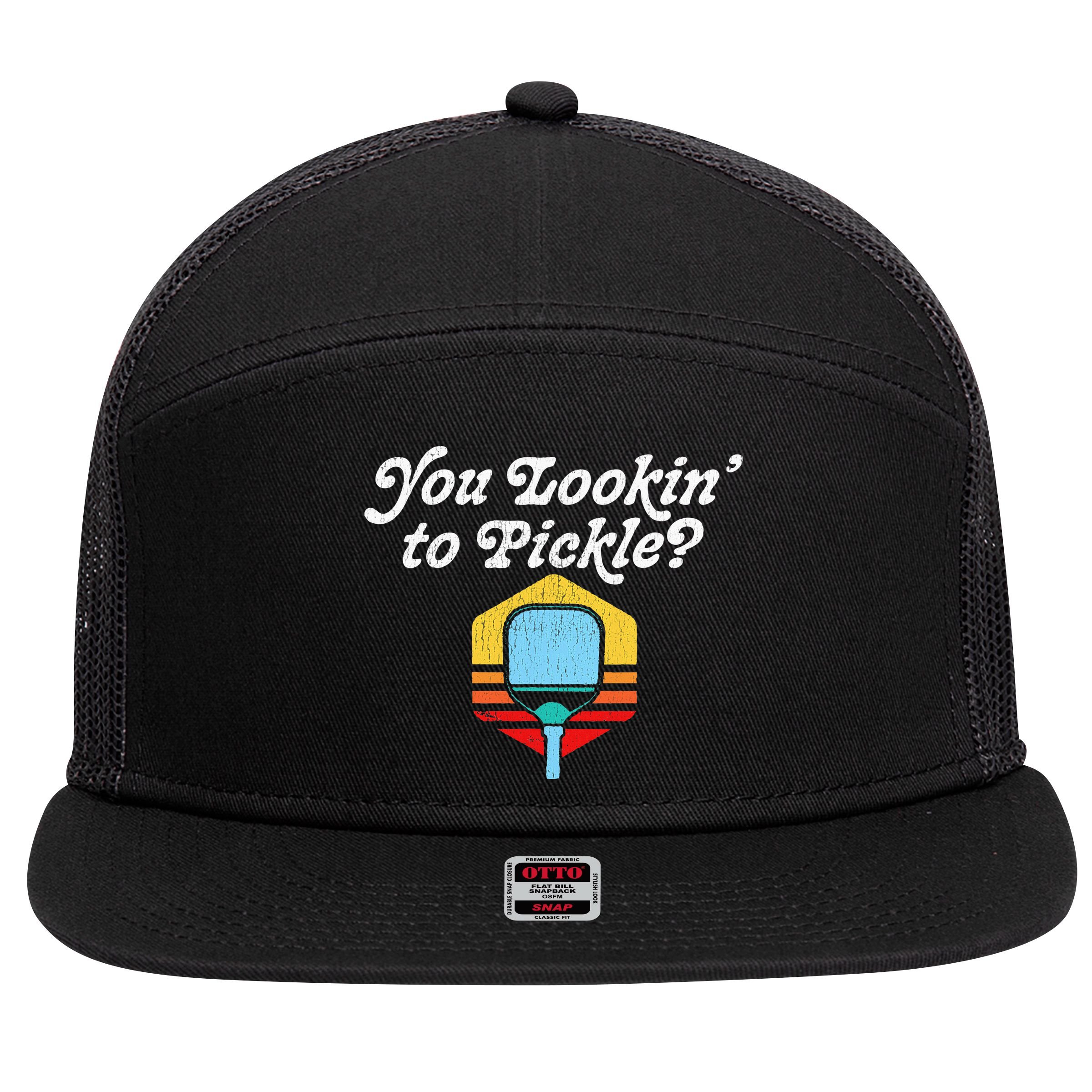 You Lookin To Pickle Pickleball Retro 80s 7 Panel Mesh Trucker Snapback Hat