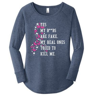 Yes My Boobs Are Fake My Real Ones Tried To Kill Me Breast Cancer Awaremess Women's Perfect Tri Tunic Long Sleeve Shirt