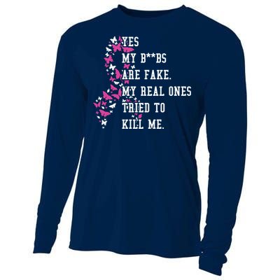 Yes My Boobs Are Fake My Real Ones Tried To Kill Me Breast Cancer Awaremess Cooling Performance Long Sleeve Crew