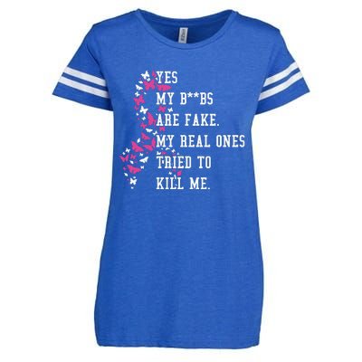 Yes My Boobs Are Fake My Real Ones Tried To Kill Me Breast Cancer Awaremess Enza Ladies Jersey Football T-Shirt