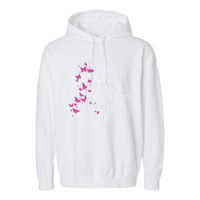 Yes My Boobs Are Fake My Real Ones Tried To Kill Me Breast Cancer Awaremess Garment-Dyed Fleece Hoodie