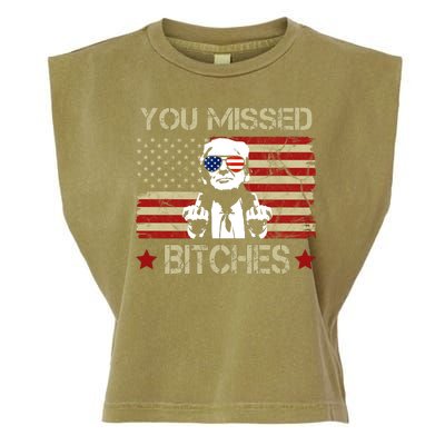 You Missed B!!Ches Donald Trump Middle Finger Usa Flag Garment-Dyed Women's Muscle Tee