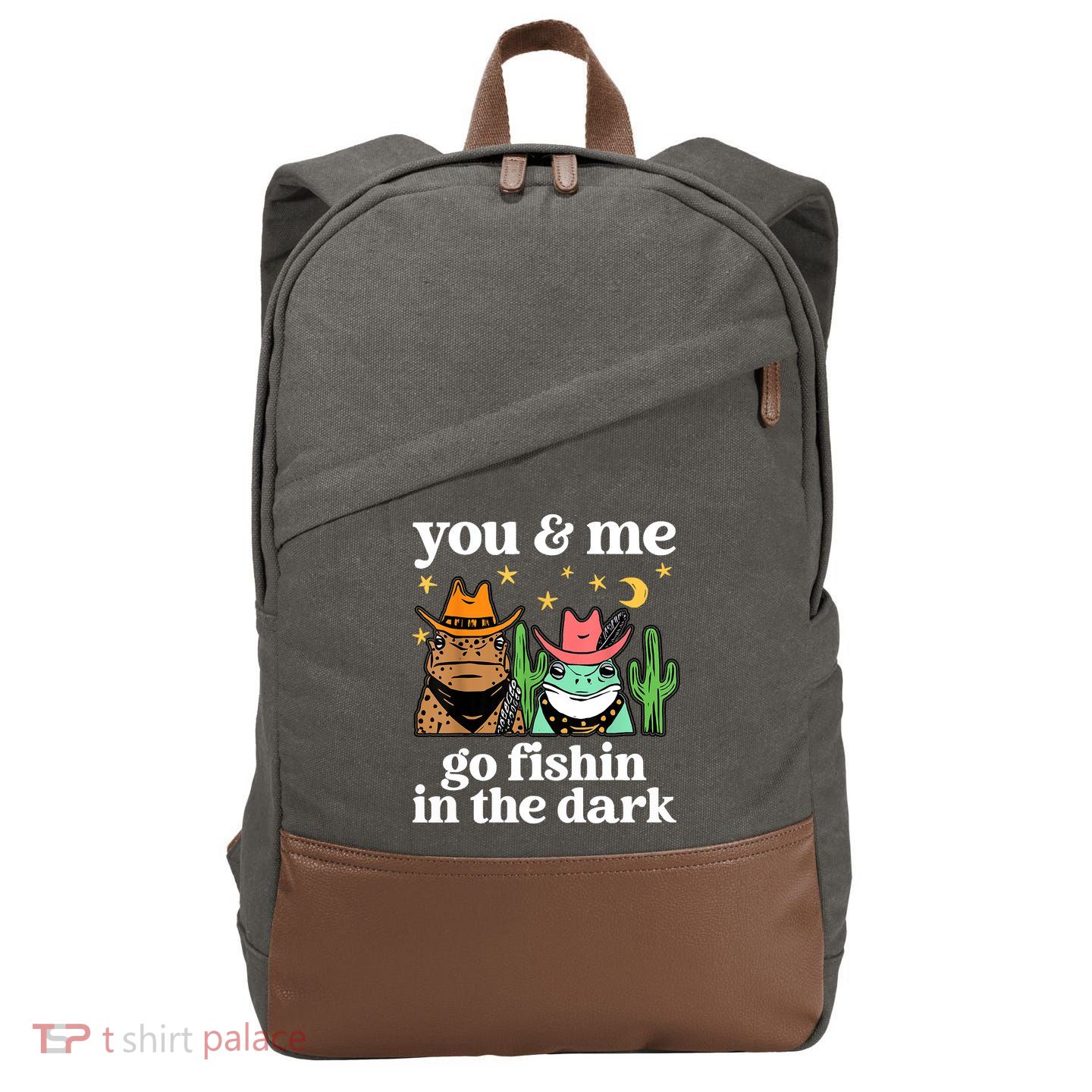 You & Me Go Fishin In The Dark Country Frogs Quote Cotton Canvas Backpack