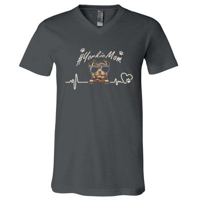 Yorkie Mom Heartbeat With Dog Cool Gift For Mothers Day V-Neck T-Shirt