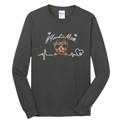 Yorkie Mom Heartbeat With Dog Cool Gift For Mothers Day Tall Long Sleeve T-Shirt