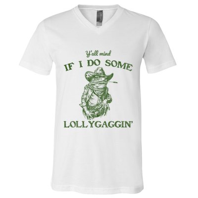 YAll Mind If I Do Some Lollygagging Funny Cowboy Frog V-Neck T-Shirt