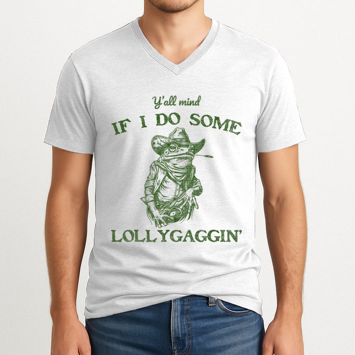 YAll Mind If I Do Some Lollygagging Funny Cowboy Frog V-Neck T-Shirt
