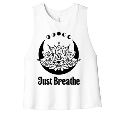 Yoga Meditation Just Breathe Moon Phase Spiritual Teal Aqua Great Gift Women's Racerback Cropped Tank