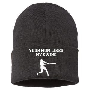 Your Mom Likes My Swing Baseball Funny Gift Drip Rizz Sustainable Knit Beanie